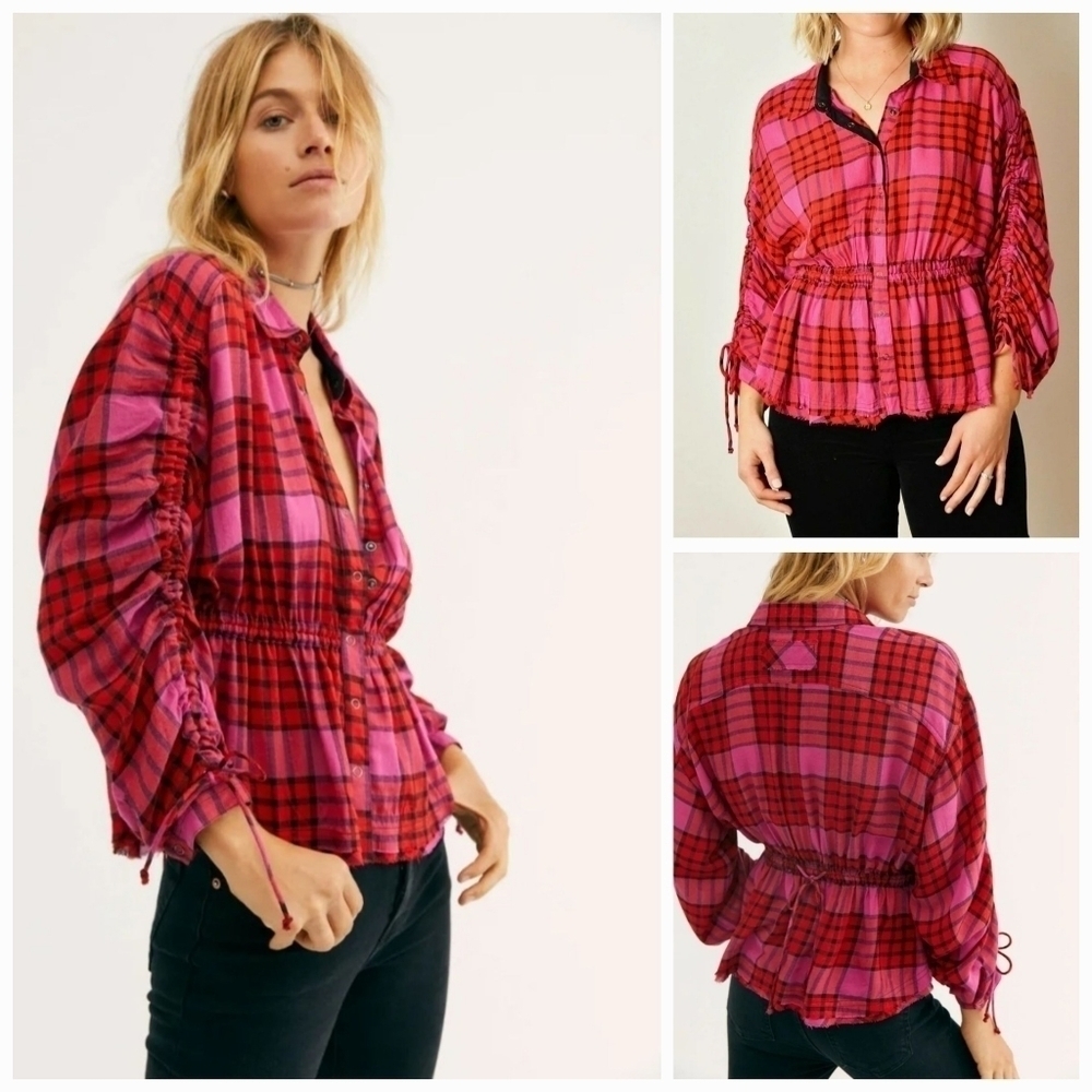NWT We the Free Pacific Dawn Red & Pink Plaid Cinched Shirt